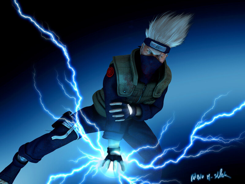 Anime Character with Lightning — Blue, Dramatic, Night, Digital Art, Headband, Mask, Black