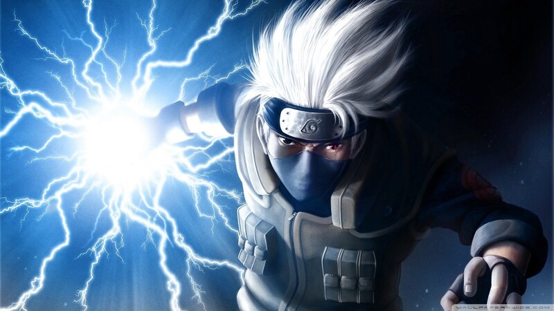 Anime Character with Lightning — Blue, Dramatic, Night, Digital Art, Headband, Mask