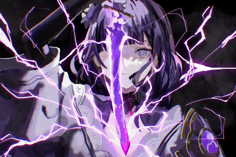 Anime Character with Lightning — Purple, Dramatic, Night, Digital Art