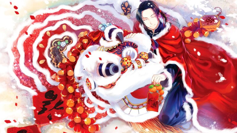 Anime character with lion dance costume