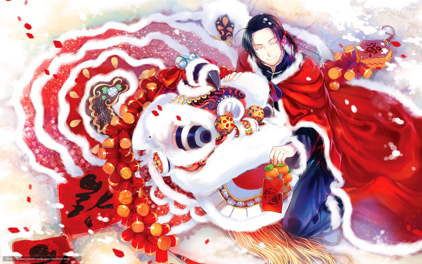Anime character with lion dance costume