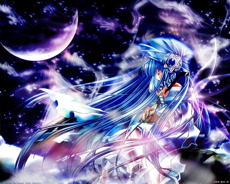 anime character with long blue hair