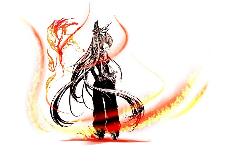 Anime Character with Long Hair — Black, Dramatic, Digital Art, Fire