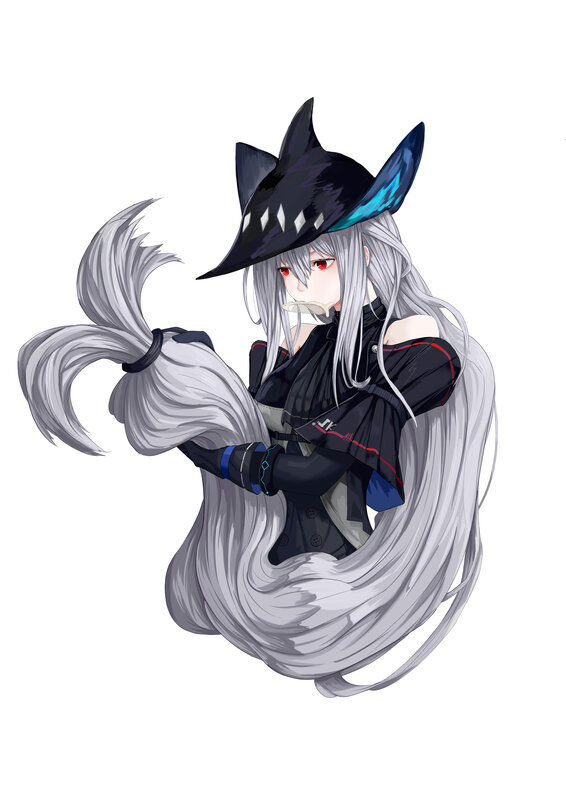 Anime Character with Long Hair — Black, Dramatic, Digital Art, Hat, Long Hair
