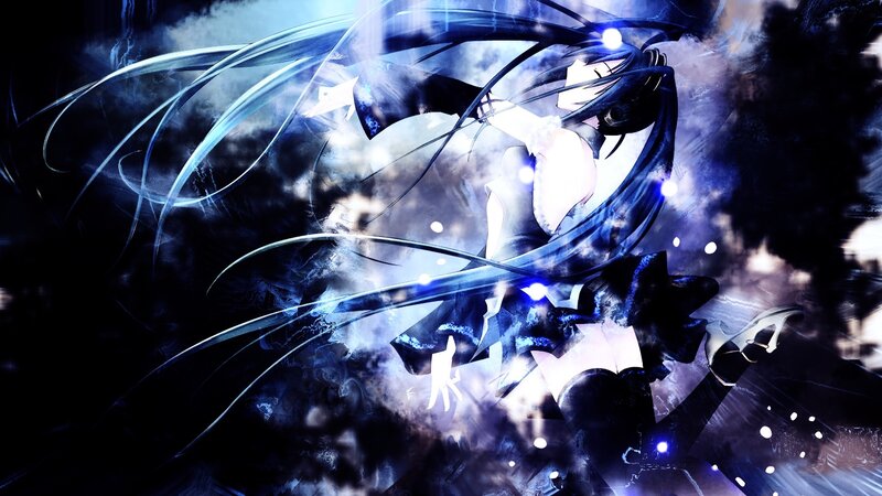 Anime Character with Long Hair — Black, Dramatic, Digital Art, Long Hair, Blue Lights