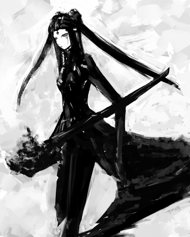 Anime Character with Long Hair — Black, Dramatic, Digital Art, Sword, Long Hair