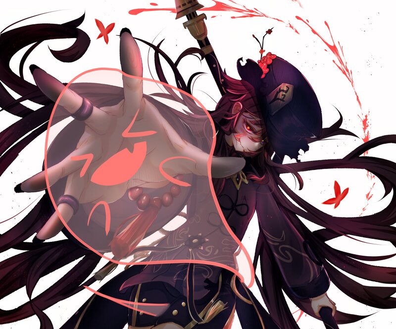 Anime Character with Long Hair — Black, Dramatic, Digital Art, Sword, Red Butterflies