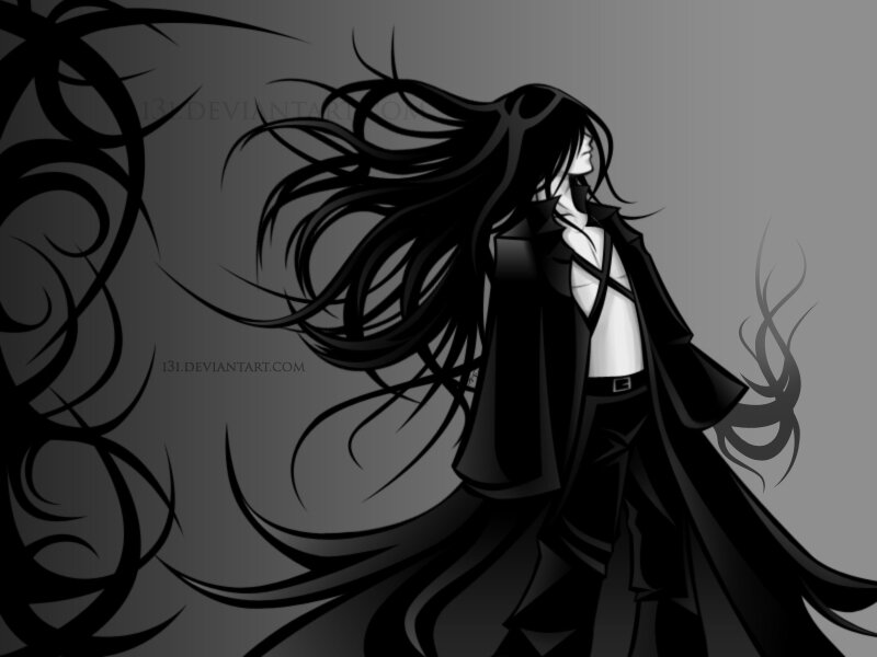 Anime Character with Long Hair — Black, Dramatic, Digital Art