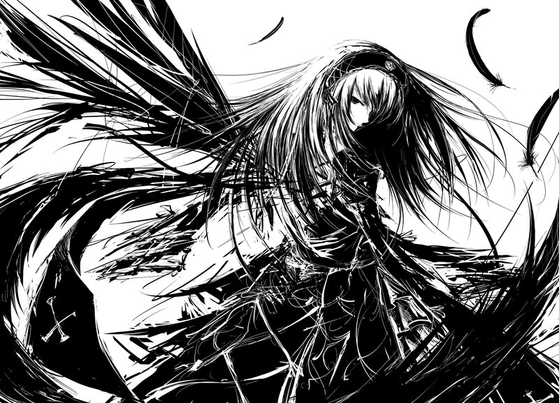 Anime Character with Long Hair — Black, Dramatic, Manga, Feathers