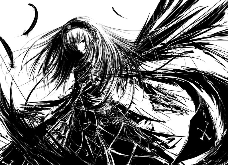 Anime Character with Long Hair — Black, Dramatic, Manga, Long Hair, Feathers, Black and White
