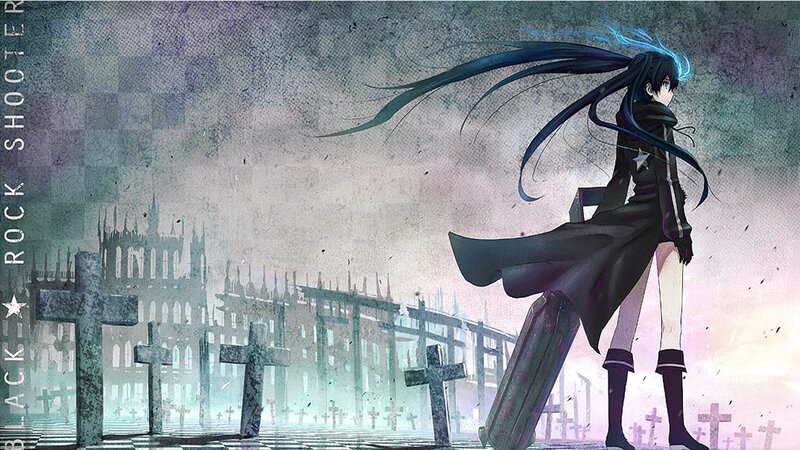 Anime Character with Long Hair — Black, Dramatic, Sunset, Cemetery