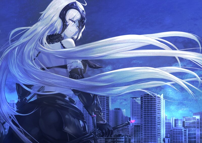 Anime Character with Long Hair — Blue, Dramatic, Night, Digital Art, City Skyline