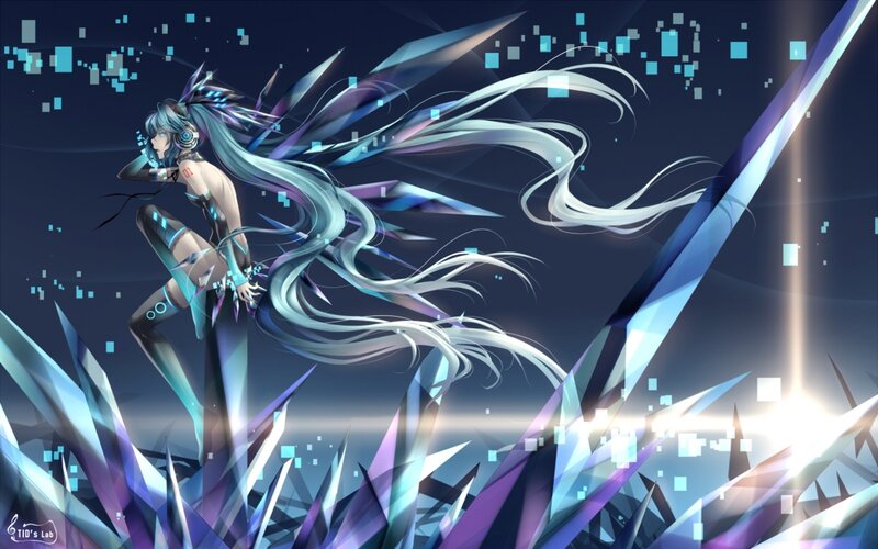 Anime Character with Long Hair — Blue, Dramatic, Night, Digital Art, Digital Particles