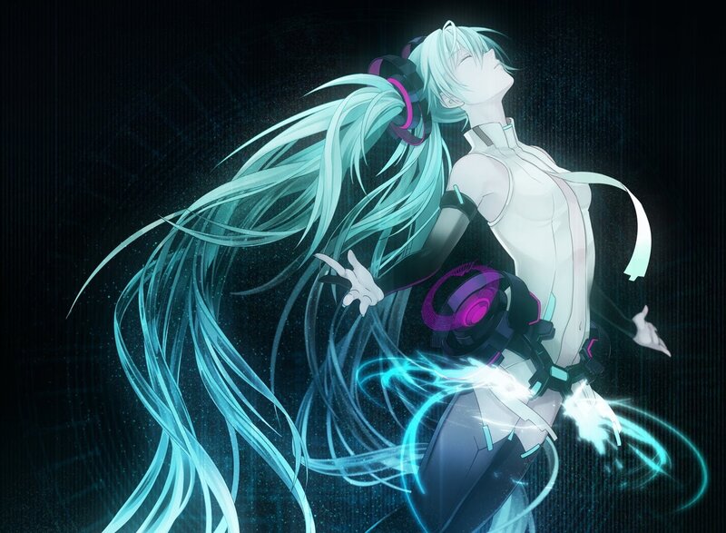 Anime Character with Long Hair — Blue, Dramatic, Night, Digital Art, Headphones, Light Effects