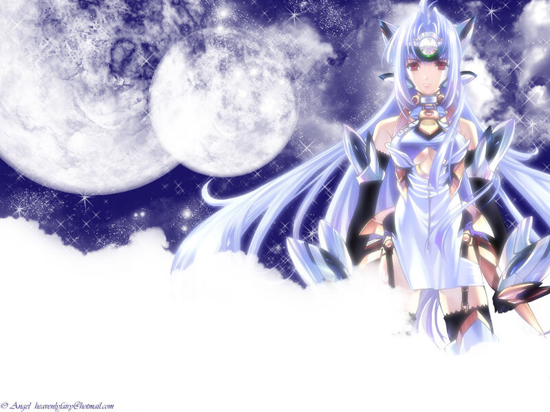 Anime Character with Long Hair — Blue, Dramatic, Night, Digital Art, Moon