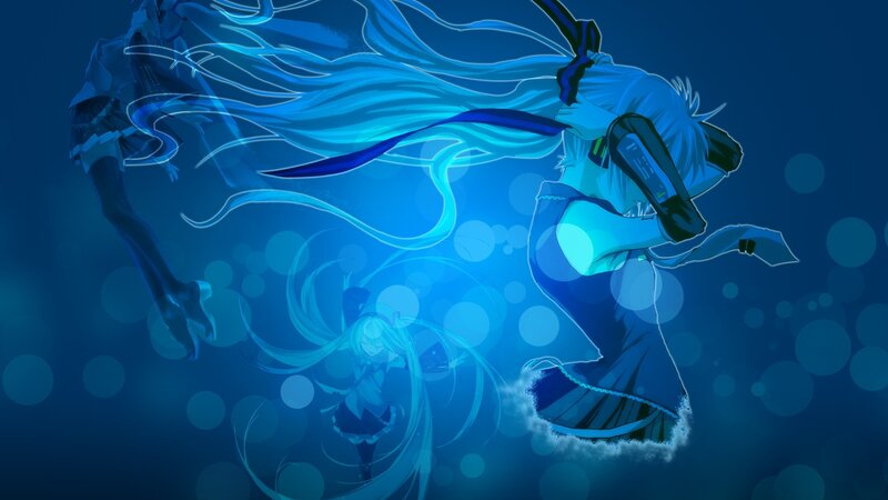 Anime Character with Long Hair — Blue, Dynamic, Digital Art, Long Hair, Blue Background