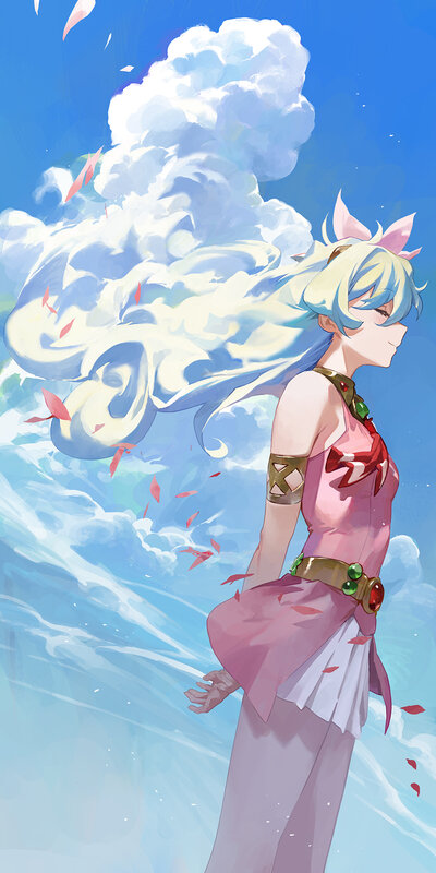Anime Character with Long Hair — Blue, Serene, Afternoon, Digital Art, Clouds