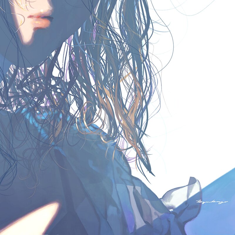Anime Character with Long Hair — Blue, Serene, Afternoon, Digital Art