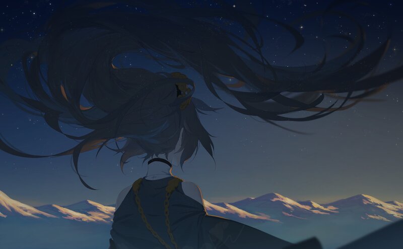Anime Character with Long Hair — Blue, Serene, Night, Digital Art, Mountains