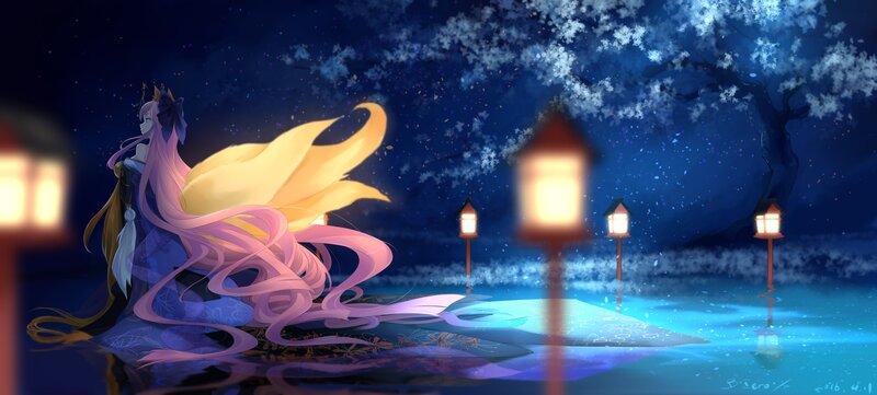 Anime Character with Long Hair — Blue, Serene, Night, Digital Art