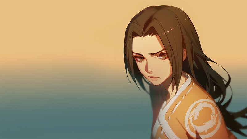 Anime Character with Long Hair — Brown, Dramatic, Sunset