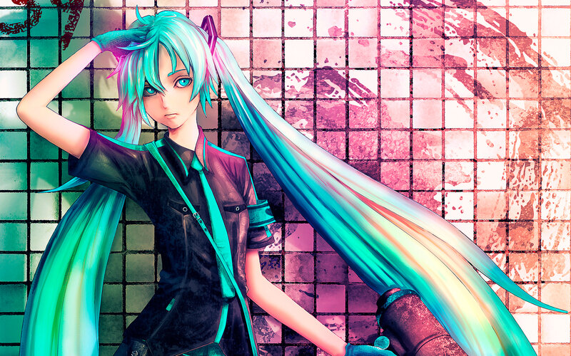 Anime Character with Long Hair — Cyan, Dramatic, Digital Art, Tiled Wall