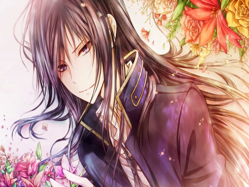 Anime Character with Long Hair — Purple, Serene, Flowers