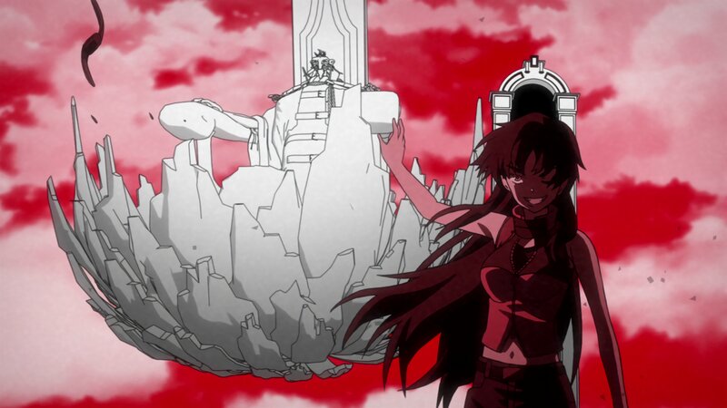 Anime Character with Long Hair — Red, Dramatic, Crumbling Statue
