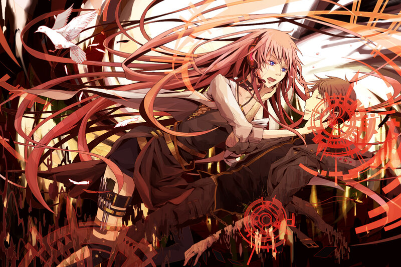 Anime Character with Long Hair — Red, Dramatic, Digital Art, Bird