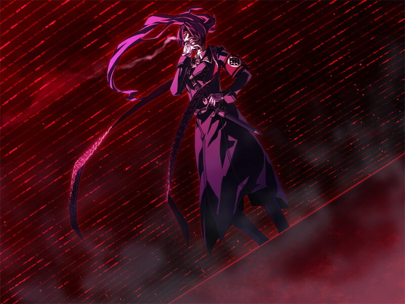 Anime Character with Long Hair — Red, Dramatic, Sword