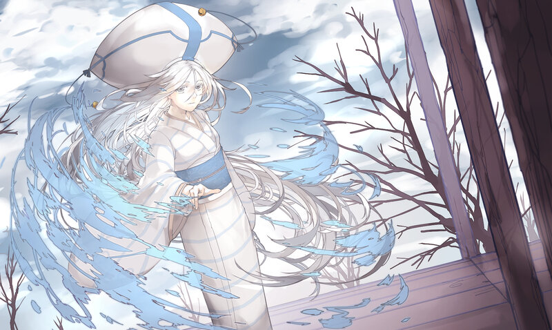 Anime Character with Long Hair — White, Serene, Winter
