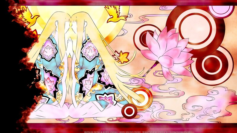 Anime character with lotus and birds