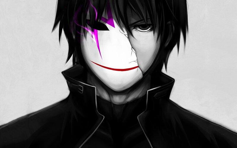 Anime Character with Mask — Black, Dramatic, Digital Art, Black Hair, Red Smile