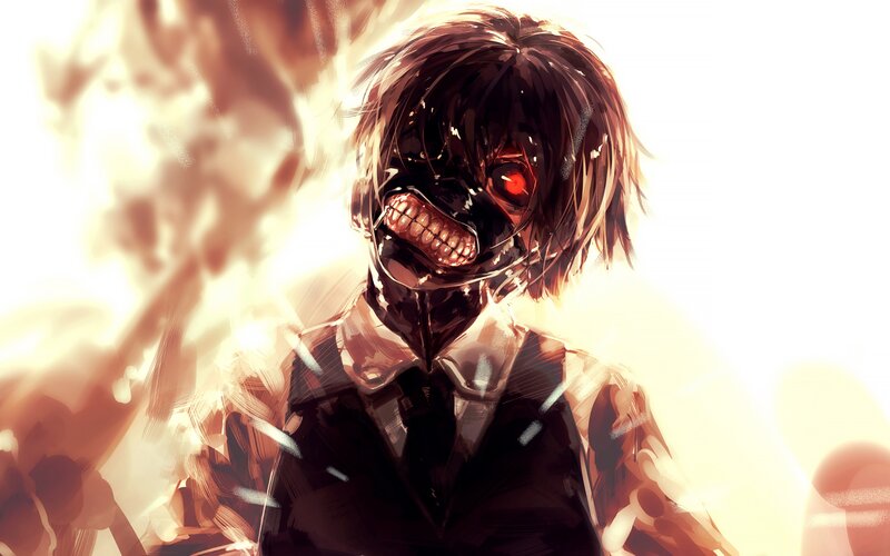 Anime Character with Mask — Black, Dramatic, Digital Art, Flames, Suit