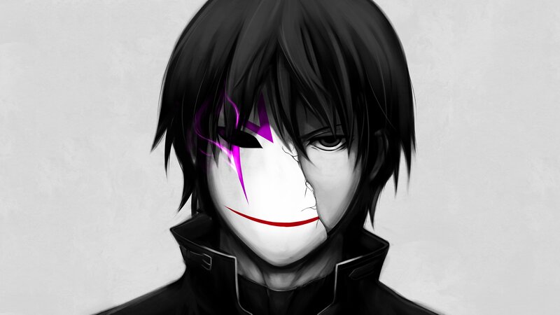 Anime Character with Mask — Black, Dramatic, Digital Art, Purple Lightning