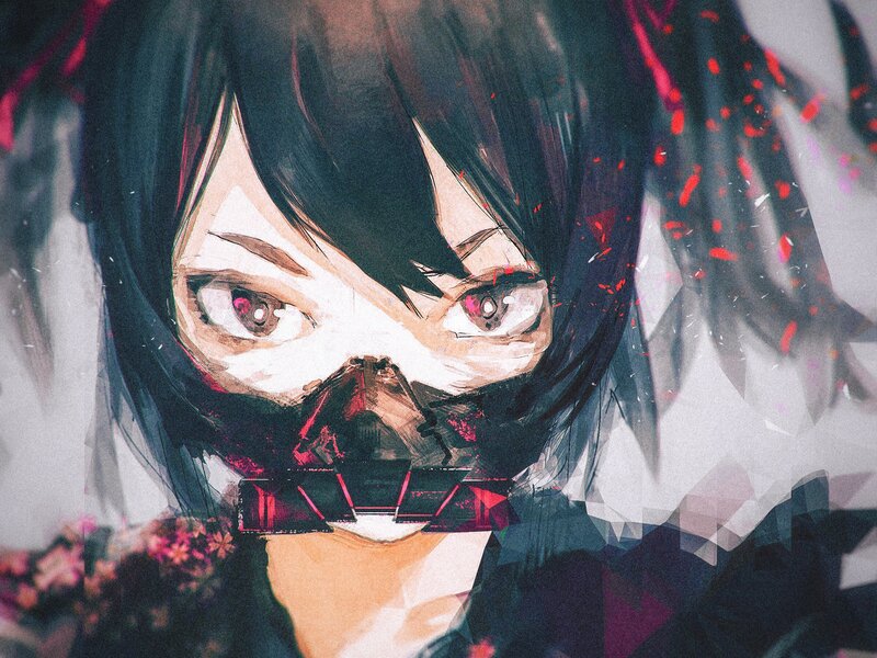 Anime Character with Mask — Black, Dramatic, Digital Art, Red Eyes, Black Hair