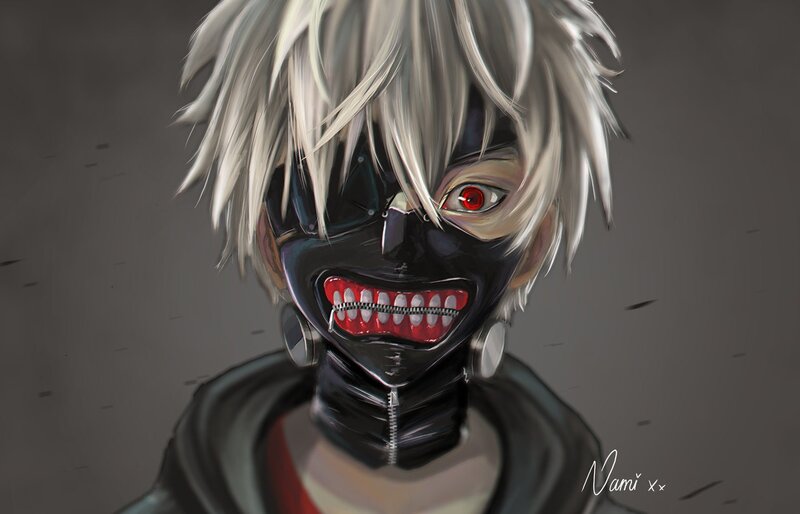 Anime Character with Mask — Black, Dramatic, Digital Art, Red Eyes