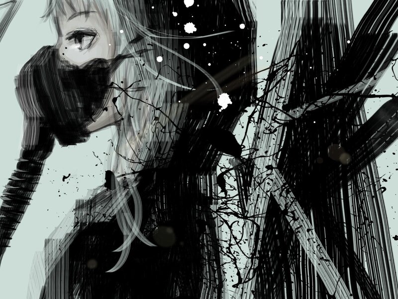 Anime Character with Mask — Black, Dramatic, Digital Art, Splatters