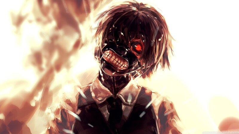 Anime Character with Mask — Black, Dramatic, Manga, Flames