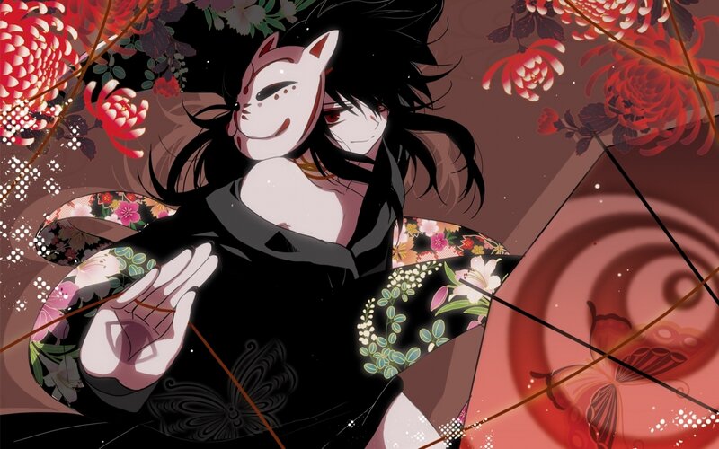 Anime Character with Mask — Black, Dramatic, Manga, Flowers