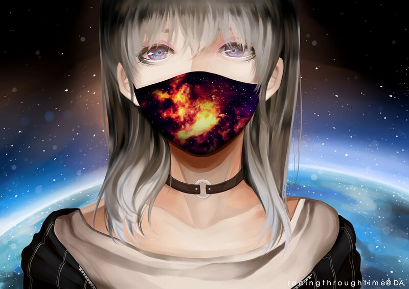 Anime Character with Mask — Blue, Dramatic, Night, Digital Art, Choker