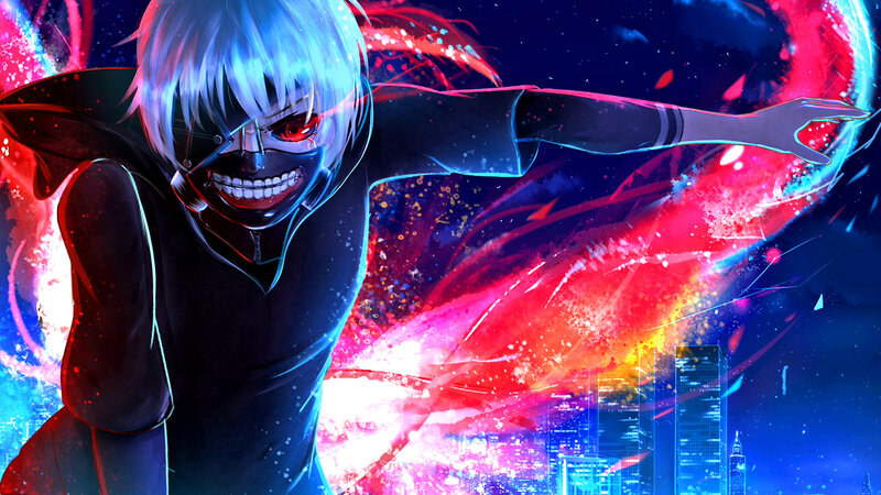 Anime Character with Mask — Blue, Dramatic, Night, Digital Art, Cityscape