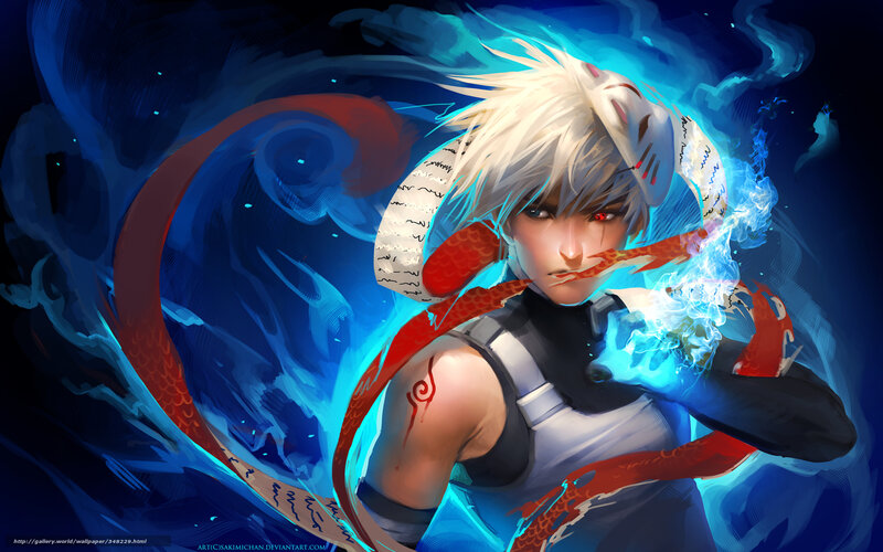 Anime Character with Mask — Blue, Dramatic, Night, Digital Art, Dragon