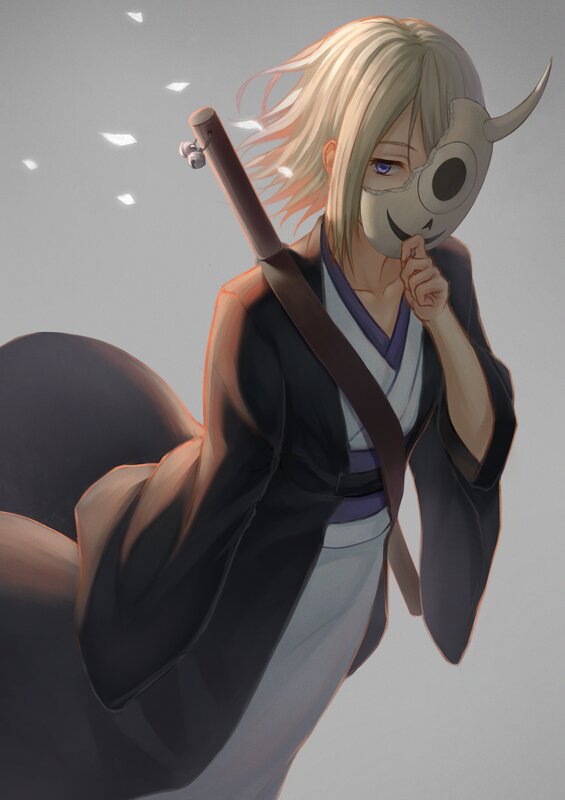 Anime Character with Mask — Gray, Dramatic, Digital Art