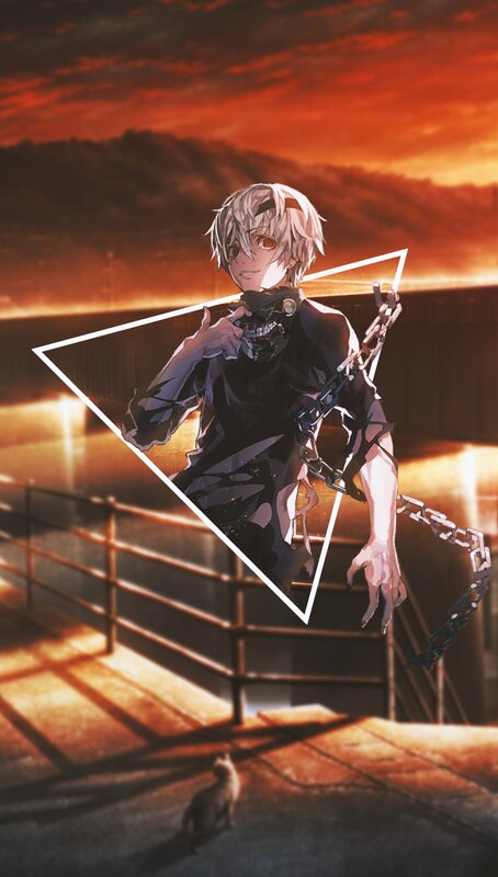 Anime Character with Mask — Orange, Dramatic, Sunset