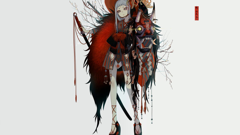 Anime Character with Mask — Red, Dramatic, Digital Art, Sword