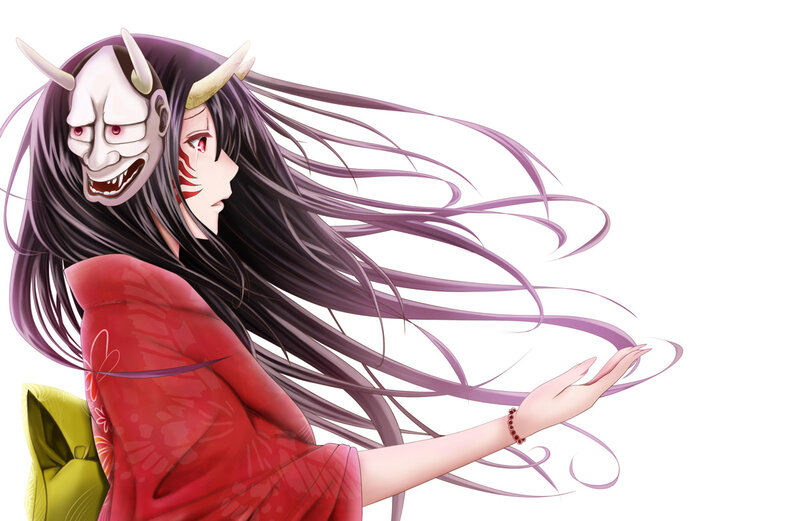 Anime Character with Mask — Red, Dramatic, Long Hair