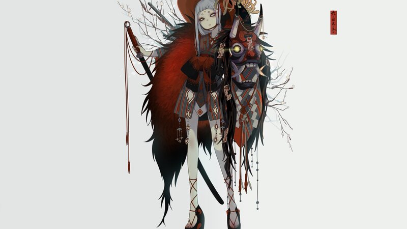 Anime Character with Mask — White, Dramatic, Digital Art, Sword