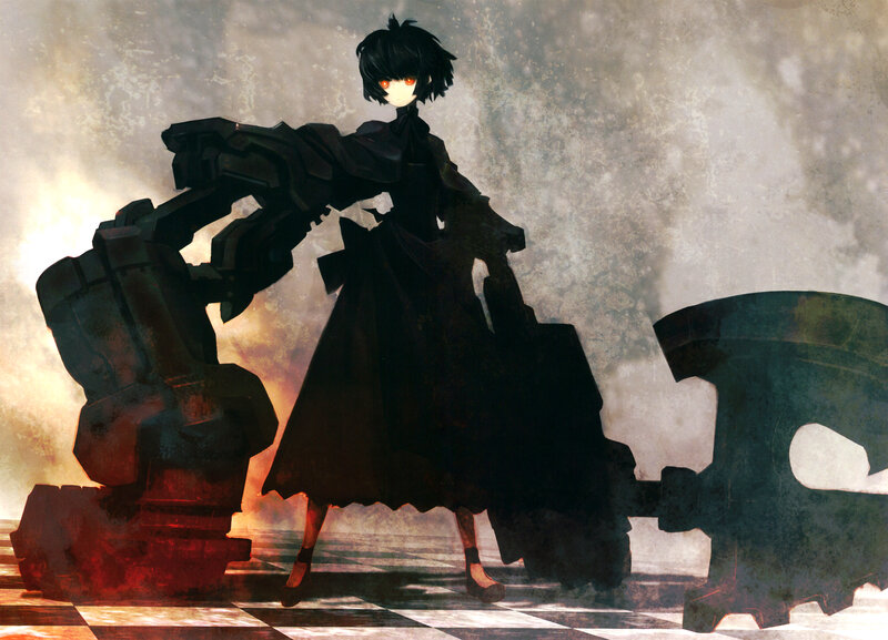 Anime Character with Mechanical Arm — Black, Dramatic, Digital Art