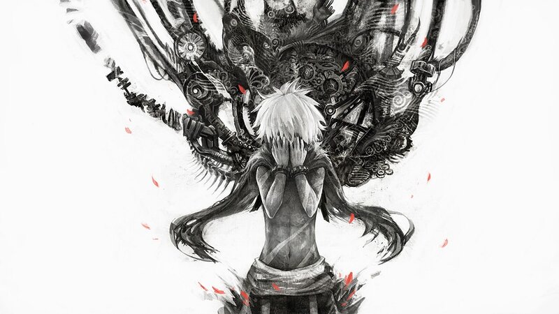 Anime Character with Mechanical Wings — Black, Dramatic, Digital Art, Mechanical Wings
